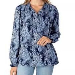 Joie Parisian Paisley Print Navy & Light Blue Peasant Top Blouse Size XXL